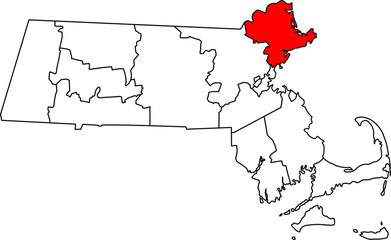 Detailed vector map of Massachusetts highlighting Essex County, a historic and densely populated coastal region known as the North Shore.

