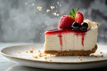 Ultra-realistic professional food photography of a creamy cheesecake slice with glossy strawberry glaze and a fresh berry on top, captured as it hovers above a polished marble plate, slow-motion effec