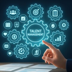 view of a hand pointing toward a glowing talent management gear icon in a futuristic, digital illustration, with other connected gears displaying business-related symbols, over a dark blue background.