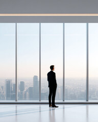 Fototapeta premium Pensive businessman in suit stands alone inside modern office, looking out large window at cityscape, thinking about future success and his career ambition