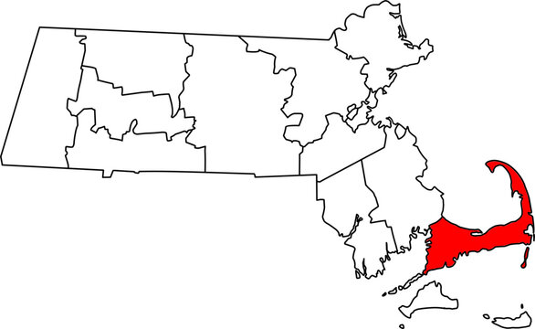 Detailed vector map of Massachusetts highlighting Barnstable County, the unique administrative region covering the entire Cape Cod peninsula.

