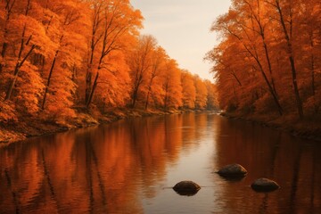 Autumn River Scene Reflective Waters Amidst Vibrant Foliage
