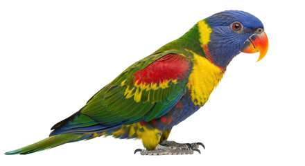 Isolated Rainbow Lorikeet with colorful plumage on display, perched attentively on a branch