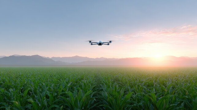 Agricultural drone flying over vast green field at sunrise, hopeful scene of smart farming technology and innovation scanning crop for sustainable future - Powered by Adobe