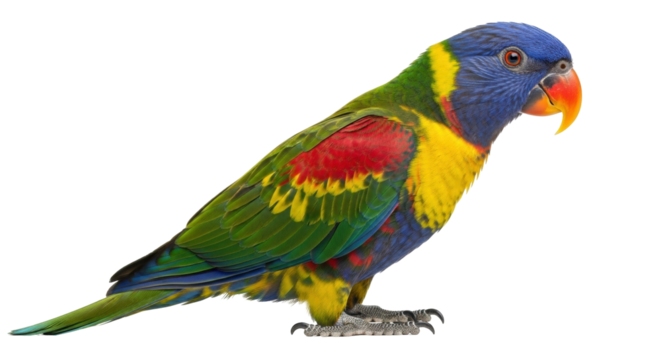Isolated Rainbow Lorikeet with colorful plumage on display, perched attentively on a branch