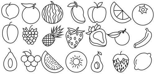Tropical and Fresh Fruits Outline Vector Collection – Bananas, Pineapples, Strawberries, Apples, Watermelons