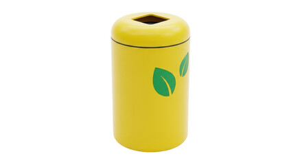 Isolated yellow recycling container with green leaf pattern for eco-friendly disposal needs