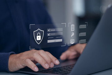 Cybersecurity concept, user displays a virtual login screen with a shield icon, symbolizing online data protection, secure access and digital privacy