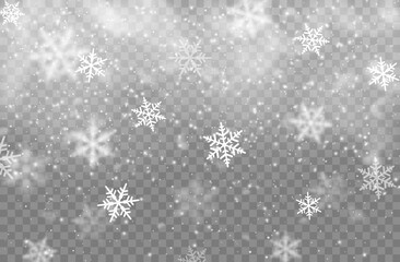 Realistic Christmas snowflakes and holiday snow background, snowfall overlay effect, winter backdrop. Isolated vector falling ice crystals descending from the sky. Tranquil wintertime magic layout
