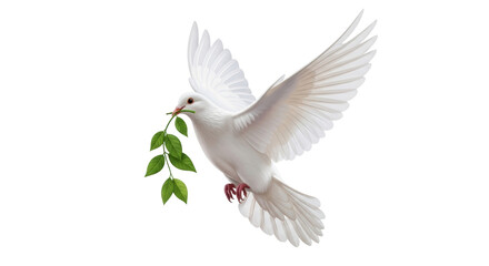 Fototapeta premium Isolated white dove with olive branch bringing peace, hope, and prosperity to all mankind