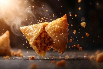 Ultra-realistic professional food photography of a golden crispy Indian samosa captured mid-air as it breaks open with fragrant potato filling and tiny cumin seeds bursting outward and frozen in time,