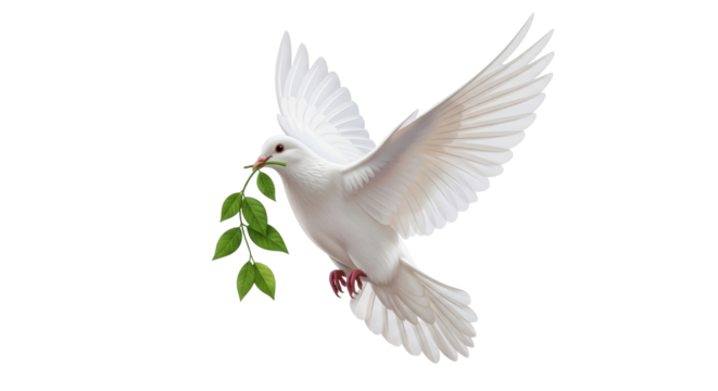Isolated white dove with olive branch bringing peace, hope, and prosperity to all mankind