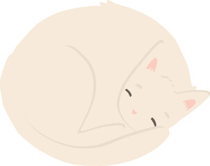 Cute white sleeping cat, clip art. Vector hand drawn cartoon illustration of adorable relaxed happy kitten