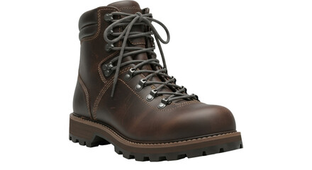 Isolated leather hiking boot with gray laces, sturdy sole. Durable outdoors equipment