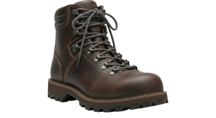 Isolated leather hiking boot with gray laces, sturdy sole. Durable outdoors equipment