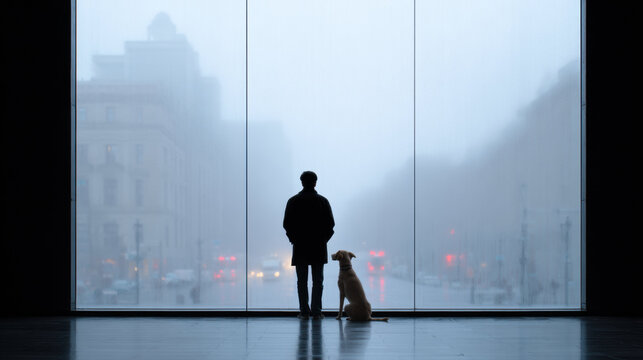 Lonely silhouette of person with dog companion, standing at large window looking out at foggy city street. contemplative and pensive view of urban life