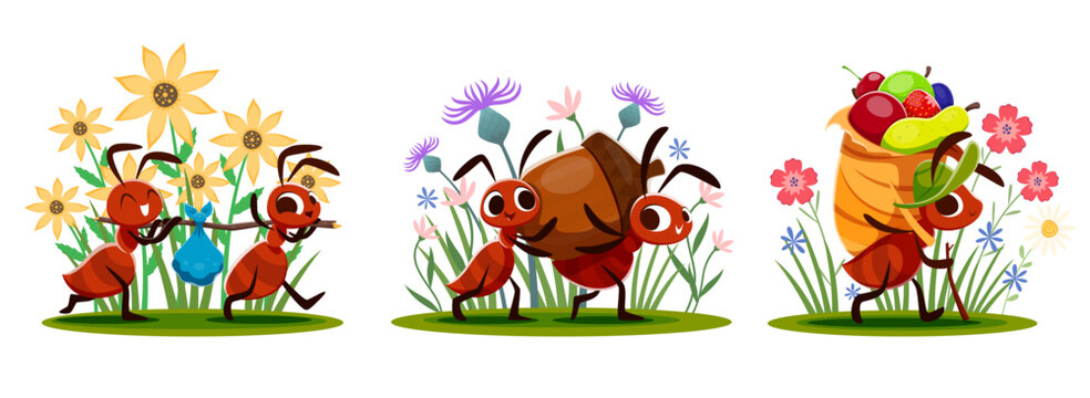 Cartoon ant characters are working together in a summer flower filled field, carrying food, leaves and giant fruit. Cheerful vector scene showcases insect teamwork, nature and playful determination
