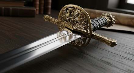 Antique Sword on Wooden Table.