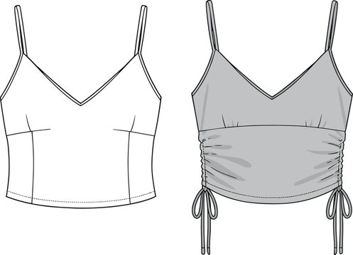 CAD drawing flat vector illustration of women’s spaghetti strap crop top technical fashion sketch with side ruched adjustable tie details