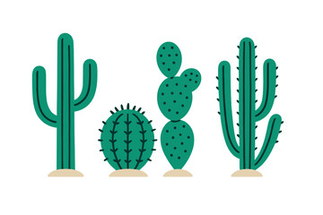 Collection of stylized green desert cactus plants with thorns and pads, including saguaro and prickly pear varieties, arranged on a clean white background