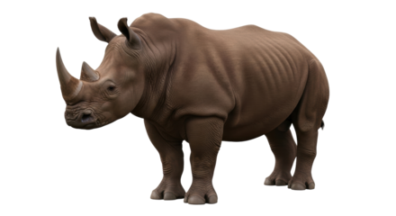 Isolated rhinoceros standing in a powerful pose, strong and muscular, impressive creature