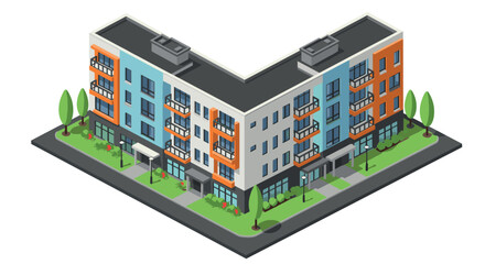 Modern isometric apartment complex with vibrant colors and green landscaping