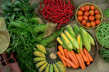 A vibrant and colorful assortment of fresh organic vegetables, including chilies, tomatoes, and various greens