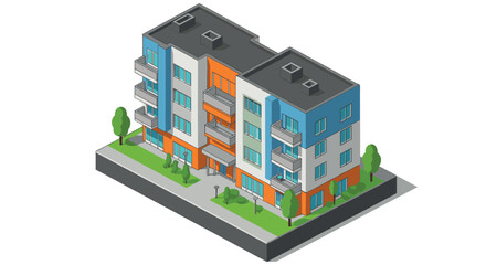 Modern isometric apartment building with colorful facade and greenery