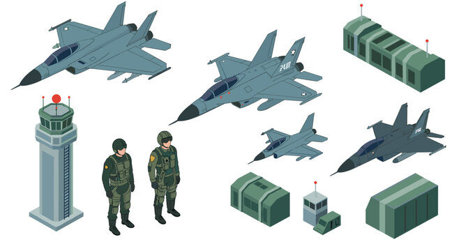 Fototapeta Military equipment isometric set with fighter jets and soldiers