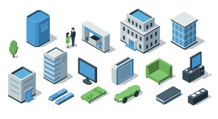 Isometric cityscape elements with modern architecture and urban furniture