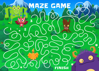 Labyrinth maze game, help to cartoon monster to find his friends. Cartoon vector kids puzzle worksheet, educational and entertainment riddle with funny creatures on fantasy world with tangled way