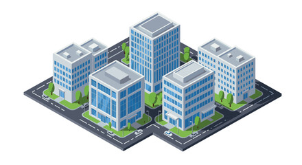 Modern urban cityscape with isometric office buildings and streets