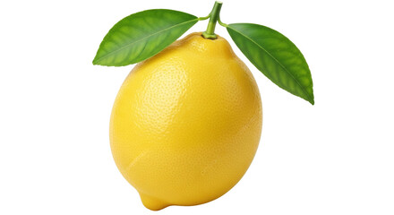 Isolated yellow lemon with leaves on a stem, perfect for summer recipes or citrus themes