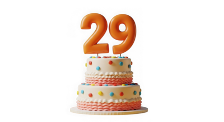 A twotiered birthday cake with orange number 29 candles on top, isolated on a transparent background