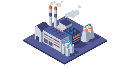 Isometric power plant with industrial buildings and smokestacks