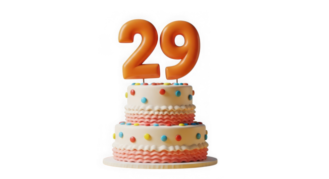 A twotiered birthday cake with orange number 29 candles on top, isolated on a transparent background