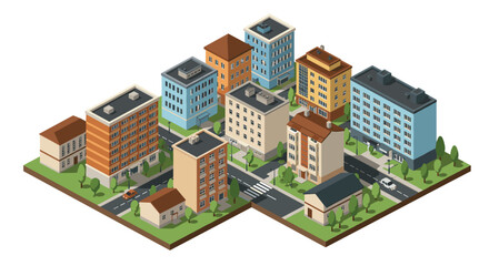 Isometric city block with colorful buildings and streets