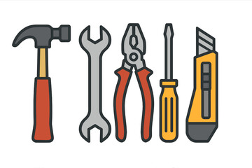 Collection of essential hand tools including hammer, wrench, pliers, screwdriver, and utility knife for various repair and construction tasks
