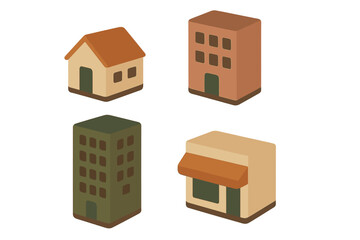 Stylized isometric buildings including home, apartment blocks, and commercial shop for urban and suburban design concepts