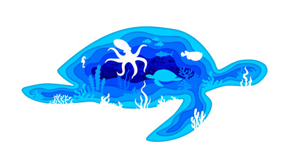 Save oceans banner, paper cut turtle silhouette with sea animals and underwater landscape, featuring coral reefs, fish shoal and octopus. 3d vector aquatic marine life inside of tortoise reptile frame
