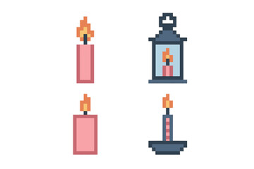 Fototapeta premium Collection of pixel art candles and a lantern with a lit candle, featuring various shapes and designs for digital projects