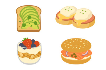 Delicious breakfast and brunch food items including avocado toast, eggs benedict, yogurt parfait, and lox bagel