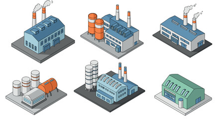 Obraz premium Isometric factory set with industrial buildings and chimneys for urban planning