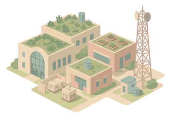 Contemporary urban landscape with sustainable buildings, lush green roofs, and a prominent communication tower