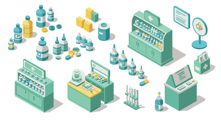 Isometric pharmacy elements with medicine bottles and shelves for medical design