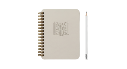 Isolated ivory notebook with a gold spiral binding and a white pencil next to it
