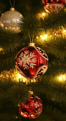 A close-up of a festive Christmas tree adorned with a detailed red and white snowflake ornament, sparkling white ornaments, and warm, glowing string lights
