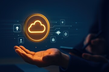 Illuminated cloud symbol floating above a hand with digital icons, representing data storage and computing.