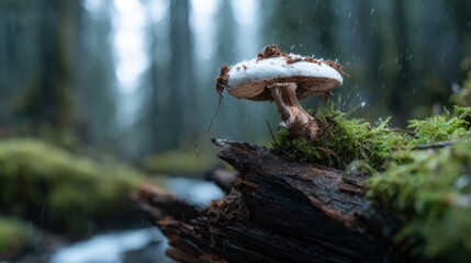 A lone mushroom rises from a decayed log in a misty forest, embodying resilience amidst nature's elements, with a soft focus creating a dreamy and ethereal feel.