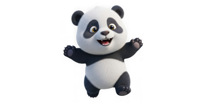 A cute, happy cartoon baby panda character with arms outstretched, isolated on transparent background